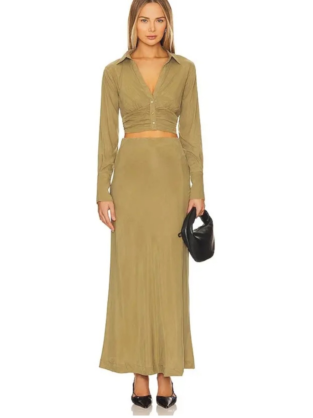 Sovere Atone maxi skirt High-Waist Olive bias cut midi Revolve S - Picture 4 of 7